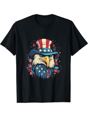 US Flag Patriotic 4th Of July With Uncle Sam Hat Bald Eagle T-Shirt 180G 100% Cotton Printed Round Neck Short-Sleeve T-Shirt, Gifts for Men Dad Husband Grandpa, S-XXXL, Black