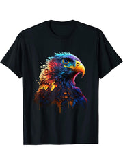 Colorful Patriotic Bald Eagle. Watercolor animal T-Shirt 180G 100% Cotton Printed Round Neck Short-Sleeve T-Shirt, Gifts for Men Dad Husband Grandpa, S-XXXL, Black