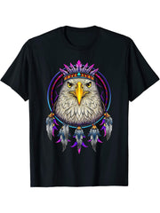 Bald Eagle Dreamcatcher Native American Tribal Feathers T-Shirt 180G 100% Cotton Printed Round Neck Short-Sleeve T-Shirt, Gifts for Men Dad Husband Grandpa, S-XXXL, Black