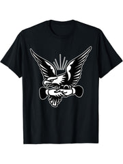 Eagle Handshake Bald Eagle Blackwork T-Shirt 180G 100% Cotton Printed Round Neck Short-Sleeve T-Shirt, Gifts for Men Dad Husband Grandpa, S-XXXL, Black