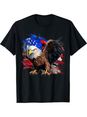 American Bald Eagle with Stars and Stripes background T-Shirt 180G 100% Cotton Printed Round Neck Short-Sleeve T-Shirt, Gifts for Men Dad Husband Grandpa, S-XXXL, Black