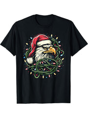 Bald Eagle Christmas Santa Hat Christmas Lights Women Men T-Shirt 180G 100% Cotton Printed Round Neck Short-Sleeve T-Shirt, Gifts for Men Dad Husband Grandpa, S-XXXL, Black