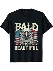 Bald Is Beautiful Funny 4th of July USA Patriotic Bald Eagle T-Shirt 180G 100% Cotton Printed Round Neck Short-Sleeve T-Shirt, Gifts for Men Dad Husband Grandpa, S-XXXL, Black