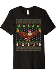 Eagle Bird Lover Lighting Santa Bald Eagle Ugly Christmas Premium T-Shirt 180G 100% Cotton Printed Round Neck Short-Sleeve T-Shirt, Gifts for Men Dad Husband Grandpa, S-XXXL, Black