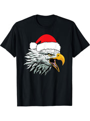 American Patriotic Christmas Santa Hat Bald Eagle Lover Xmas T-Shirt 180G 100% Cotton Printed Round Neck Short-Sleeve T-Shirt, Gifts for Men Dad Husband Grandpa, S-XXXL, Black