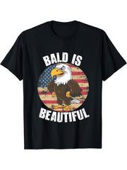 Bald Is Beautiful 4th of July Bald Eagle Independence Day T-Shirt 180G 100% Cotton Printed Round Neck Short-Sleeve T-Shirt, Gifts for Men Dad Husband Grandpa, S-XXXL, Black