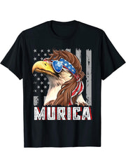 4th of July Murica USA Flag Bald Eagle Patriotic Veteran T-Shirt 180G 100% Cotton Printed Round Neck Short-Sleeve T-Shirt, Gifts for Men Dad Husband Grandpa, S-XXXL, Black
