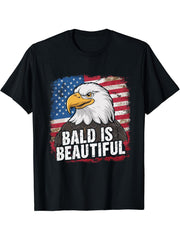 Bald Is Beautiful 4th of July Bald Eagle Independence Day T-Shirt 180G 100% Cotton Printed Round Neck Short-Sleeve T-Shirt, Gifts for Men Dad Husband Grandpa, S-XXXL, Black