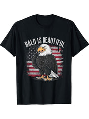 Bald Is Beautiful 4th of July Bald Eagle Independence Day T-Shirt 180G 100% Cotton Printed Round Neck Short-Sleeve T-Shirt, Gifts for Men Dad Husband Grandpa, S-XXXL, Black