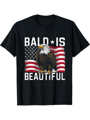Bald Is Beautiful 4th of July Bald Eagle Independence Day T-Shirt 180G 100% Cotton Printed Round Neck Short-Sleeve T-Shirt, Gifts for Men Dad Husband Grandpa, S-XXXL, Black