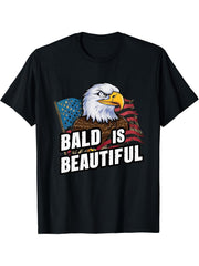 Bald Is Beautiful 4th of July Bald Eagle Independence Day T-Shirt 180G 100% Cotton Printed Round Neck Short-Sleeve T-Shirt, Gifts for Men Dad Husband Grandpa, S-XXXL, Black