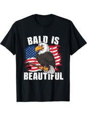 Bald Is Beautiful 4th of July Bald Eagle Independence Day T-Shirt 180G 100% Cotton Printed Round Neck Short-Sleeve T-Shirt, Gifts for Men Dad Husband Grandpa, S-XXXL, Black