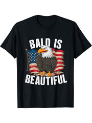 Bald Is Beautiful 4th of July Bald Eagle Independence Day T-Shirt 180G 100% Cotton Printed Round Neck Short-Sleeve T-Shirt, Gifts for Men Dad Husband Grandpa, S-XXXL, Black