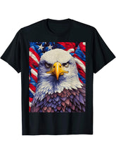 Independence Day Fourth of July Op Art Bald Eagle July 4th T-Shirt 180G 100% Cotton Printed Round Neck Short-Sleeve T-Shirt, Gifts for Men Dad Husband Grandpa, S-XXXL, Black