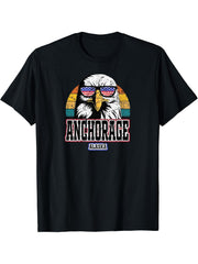 Anchorage USA Alaska America Flag Men Women Retro Bald Eagle T-Shirt 180G 100% Cotton Printed Round Neck Short-Sleeve T-Shirt, Gifts for Men Dad Husband Grandpa, S-XXXL, Black