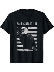 Bald Is Beautiful 4th of July Bald Eagle Patriotic Vintage T-Shirt 180G 100% Cotton Printed Round Neck Short-Sleeve T-Shirt, Gifts for Men Dad Husband Grandpa, S-XXXL, Black
