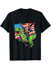 Bald Eagle US Flag Trump Riding A T-Rex T-Shirt 180G 100% Cotton Printed Round Neck Short-Sleeve T-Shirt, Gifts for Men Dad Husband Grandpa, S-XXXL, Black