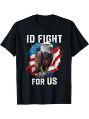 I'd Fight for US American Bald Eagle America USA Flag T-Shirt 180G 100% Cotton Printed Round Neck Short-Sleeve T-Shirt, Gifts for Men Dad Husband Grandpa, S-XXXL, Black