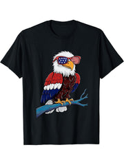Bald Eagle Sunglasses American Flag 4th Of July Patriotic T-Shirt 180G 100% Cotton Printed Round Neck Short-Sleeve T-Shirt, Gifts for Men Dad Husband Grandpa, S-XXXL, Black