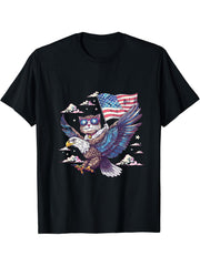 Funny 4th Of July Bald Eagle Cat Patriotic USA American Flag T-Shirt 180G 100% Cotton Printed Round Neck Short-Sleeve T-Shirt, Gifts for Men Dad Husband Grandpa, S-XXXL, Black