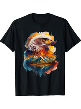 Double Exposure Bald Eagle with Mountain Forest Wildlife T-Shirt 180G 100% Cotton Printed Round Neck Short-Sleeve T-Shirt, Gifts for Men Dad Husband Grandpa, S-XXXL, Black
