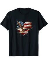Flying Bald Eagle Vintage American Flag Heart 4th of July T-Shirt 180G 100% Cotton Printed Round Neck Short-Sleeve T-Shirt, Gifts for Men Dad Husband Grandpa, S-XXXL, Black