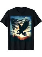Bald Eagle Hunting With Flag In Sky T-Shirt 180G 100% Cotton Printed Round Neck Short-Sleeve T-Shirt, Gifts for Men Dad Husband Grandpa, S-XXXL, Black