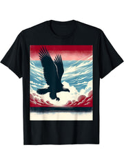 Bald Eagle Hunting With Flag In Sky T-Shirt 180G 100% Cotton Printed Round Neck Short-Sleeve T-Shirt, Gifts for Men Dad Husband Grandpa, S-XXXL, Black