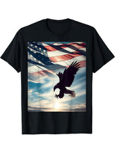 Bald Eagle Hunting With Flag In Sky T-Shirt 180G 100% Cotton Printed Round Neck Short-Sleeve T-Shirt, Gifts for Men Dad Husband Grandpa, S-XXXL, Black