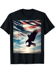 Bald Eagle Hunting With Flag In Sky T-Shirt 180G 100% Cotton Printed Round Neck Short-Sleeve T-Shirt, Gifts for Men Dad Husband Grandpa, S-XXXL, Black