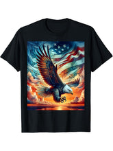 Bald Eagle Hunting With Flag In Sky T-Shirt 180G 100% Cotton Printed Round Neck Short-Sleeve T-Shirt, Gifts for Men Dad Husband Grandpa, S-XXXL, Black