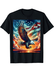 Bald Eagle Hunting With Flag In Sky T-Shirt 180G 100% Cotton Printed Round Neck Short-Sleeve T-Shirt, Gifts for Men Dad Husband Grandpa, S-XXXL, Black