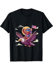 Fourth Of July Bald Eagle Monkey American Flag Patriotic T-Shirt 180G 100% Cotton Printed Round Neck Short-Sleeve T-Shirt, Gifts for Men Dad Husband Grandpa, S-XXXL, Black