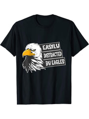 Easily Distracted By Eagles Gift Bald Eagle T-Shirt 180G 100% Cotton Printed Round Neck Short-Sleeve T-Shirt, Gifts for Men Dad Husband Grandpa, S-XXXL, Black