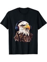 Bald_Eagle Headphones T-Shirt 180G 100% Cotton Printed Round Neck Short-Sleeve T-Shirt, Gifts for Men Dad Husband Grandpa, S-XXXL, Black