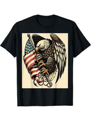 Bald Eagle Clutching American Flag T-Shirt 180G 100% Cotton Printed Round Neck Short-Sleeve T-Shirt, Gifts for Men Dad Husband Grandpa, S-XXXL, Black