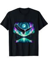 American Bald Eagle Aurora Nothern Lights Forrest T-Shirt 180G 100% Cotton Printed Round Neck Short-Sleeve T-Shirt, Gifts for Men Dad Husband Grandpa, S-XXXL, Black