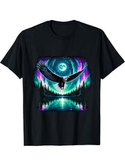 American Bald Eagle Aurora Nothern Lights Forrest T-Shirt 180G 100% Cotton Printed Round Neck Short-Sleeve T-Shirt, Gifts for Men Dad Husband Grandpa, S-XXXL, Black