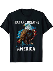 I Eat and Breathe America American Bald Eagle Patriotic T-Shirt 180G 100% Cotton Printed Round Neck Short-Sleeve T-Shirt, Gifts for Men Dad Husband Grandpa, S-XXXL, Black