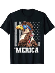 4th of July Merica USA Flag Bald Eagle Patriotic Veteran T-Shirt 180G 100% Cotton Printed Round Neck Short-Sleeve T-Shirt, Gifts for Men Dad Husband Grandpa, S-XXXL, Black