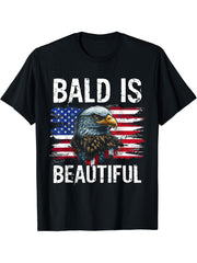 Bald Is Beautiful 4th Of July Independence Day Bald Eagle T-Shirt 180G 100% Cotton Printed Round Neck Short-Sleeve T-Shirt, Gifts for Men Dad Husband Grandpa, S-XXXL, Black