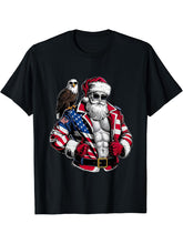 Patriotic Santa Christmas In July USA Flag Bald Eagle T-Shirt 180G 100% Cotton Printed Round Neck Short-Sleeve T-Shirt, Gifts for Men Dad Husband Grandpa, S-XXXL, Black