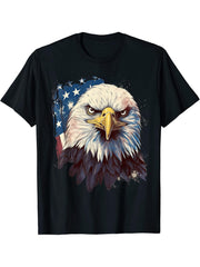 4th Of July US Flag Bald Eagle T-Shirt 180G 100% Cotton Printed Round Neck Short-Sleeve T-Shirt, Gifts for Men Dad Husband Grandpa, S-XXXL, Black