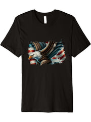 Mens Bald Eagle & Patriotic American Flag Premium T-Shirt 180G 100% Cotton Printed Round Neck Short-Sleeve T-Shirt, Gifts for Men Dad Husband Grandpa, S-XXXL, Black