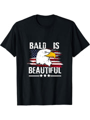 Bald Is Beautiful 4th of July Independence Day Bald Eagle T-Shirt 180G 100% Cotton Printed Round Neck Short-Sleeve T-Shirt, Gifts for Men Dad Husband Grandpa, S-XXXL, Black