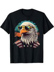 Vintage Eagle with Sunglasses - Retro American Bald Eagle T-Shirt 180G 100% Cotton Printed Round Neck Short-Sleeve T-Shirt, Gifts for Men Dad Husband Grandpa, S-XXXL, Black