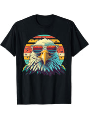 Vintage Eagle with Sunglasses - Retro American Bald Eagle T-Shirt 180G 100% Cotton Printed Round Neck Short-Sleeve T-Shirt, Gifts for Men Dad Husband Grandpa, S-XXXL, Black