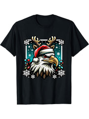 Christmas Bald Eagle Reindeer T-Shirt 180G 100% Cotton Printed Round Neck Short-Sleeve T-Shirt, Gifts for Men Dad Husband Grandpa, S-XXXL, Black
