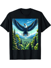 Majestic Bald Eagle Over Forest T-Shirt 180G 100% Cotton Printed Round Neck Short-Sleeve T-Shirt, Gifts for Men Dad Husband Grandpa, S-XXXL, Black