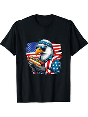 Funny Hotdog American Flag 4th Of July Patriotic Bald-Eagle T-Shirt 180G 100% Cotton Printed Round Neck Short-Sleeve T-Shirt, Gifts for Men Dad Husband Grandpa, S-XXXL, Black